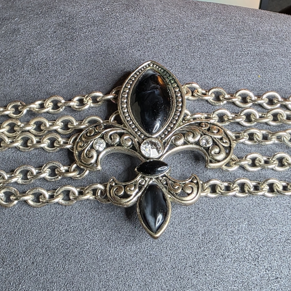 Vintage Black Glass Multi-Chain Bracelet Silver Tone Filigree Accent Black - Picture 2 of 5